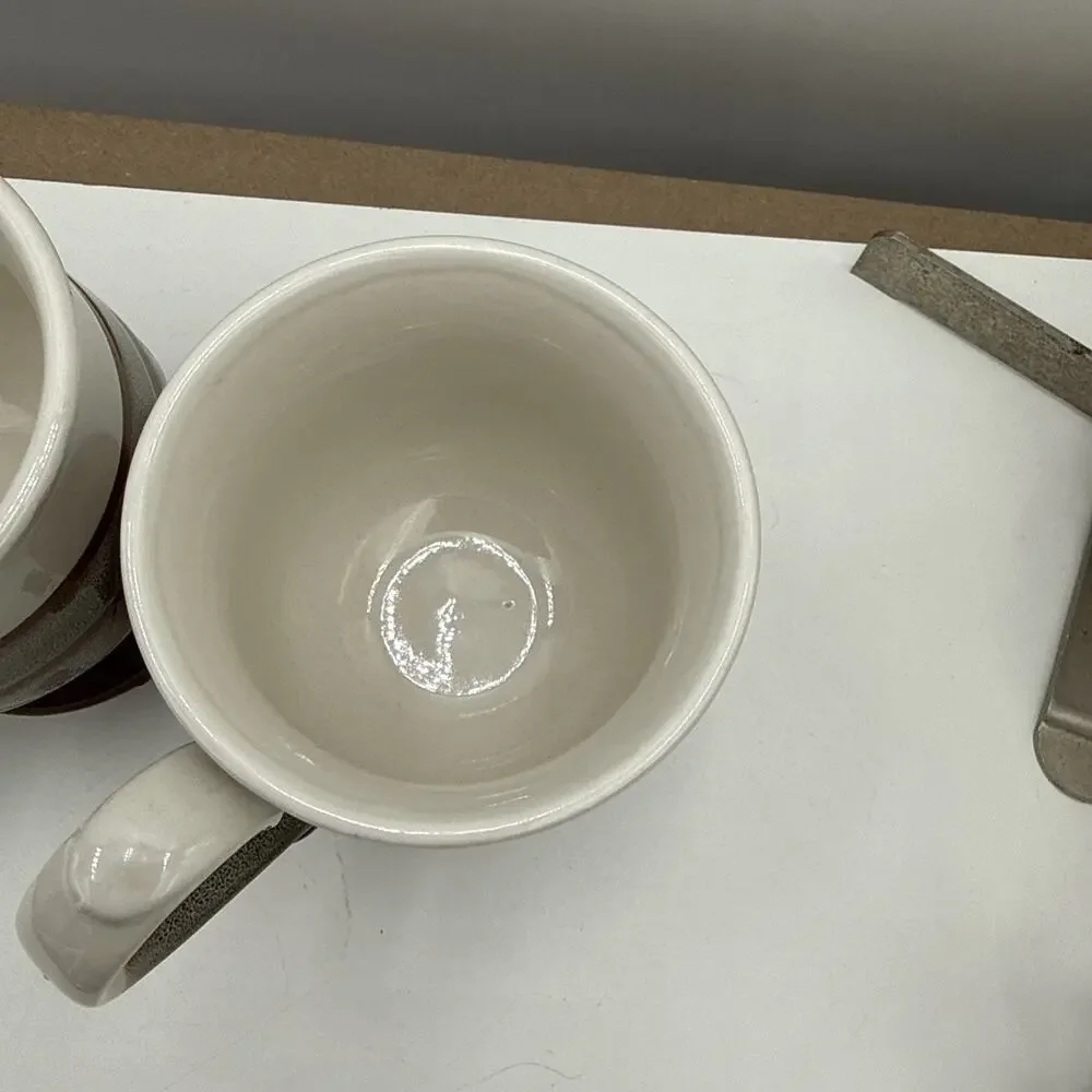 2 Vtg Stoneware Pottery Glaze Footed Brown & Greenish Gray Studio Clay Mugs Read